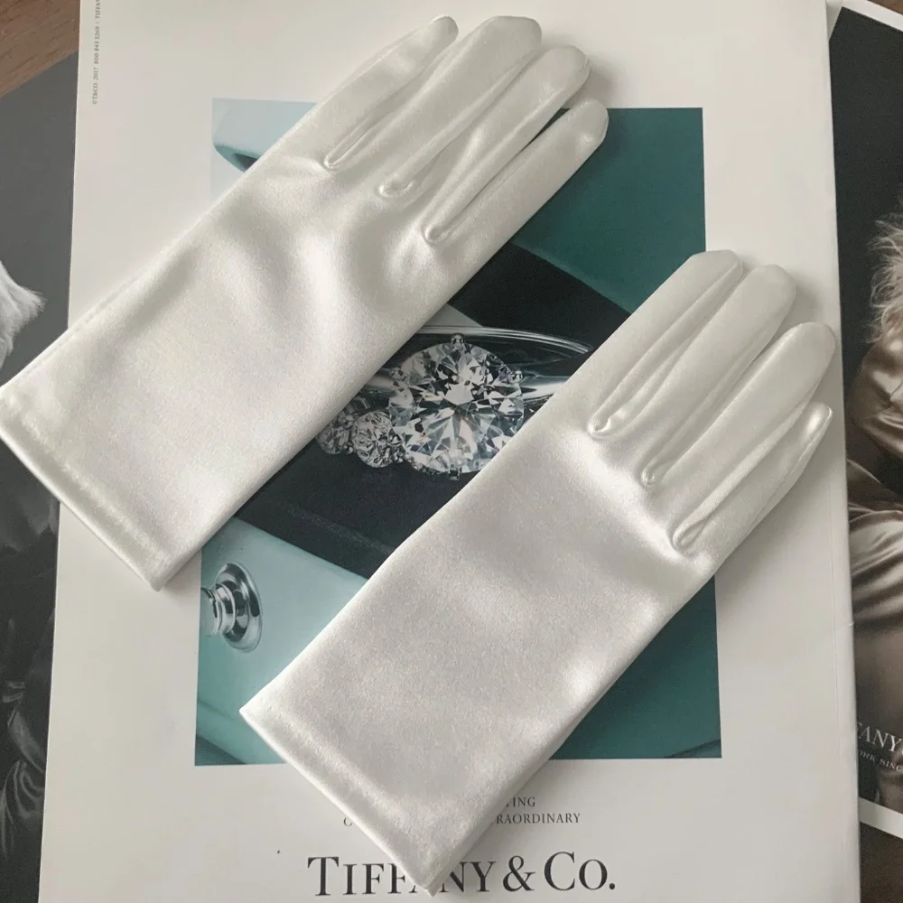 Premium Quality White Satin Short Gloves Wrist Length Wedding Gloves for Bride